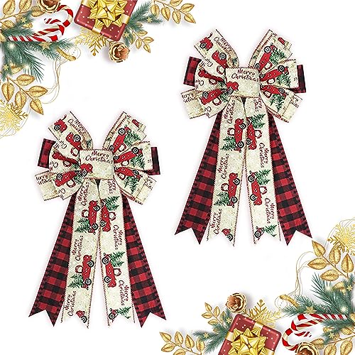 Christmas Wreath Bows with Red Truck Design - Buffalo Plaid Holiday Decor - 2 Pack - Variation: Truck