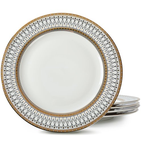 YEWUDHOM Porcelain Plates,Ceramic Dinner Plates Set of 4,Plate Set for 4 Dinning Kitchen,Golden Thread Pattern Steak Salad Plate Set for Home Restaurant Utensils,10.5" Large,White and Gold