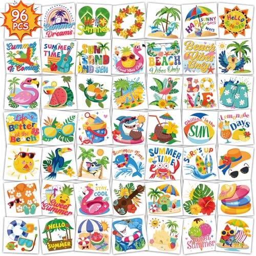 Konsait Summer Temporary Tattoos for Kids & Adults - 96 Pcs Beach Party Favors