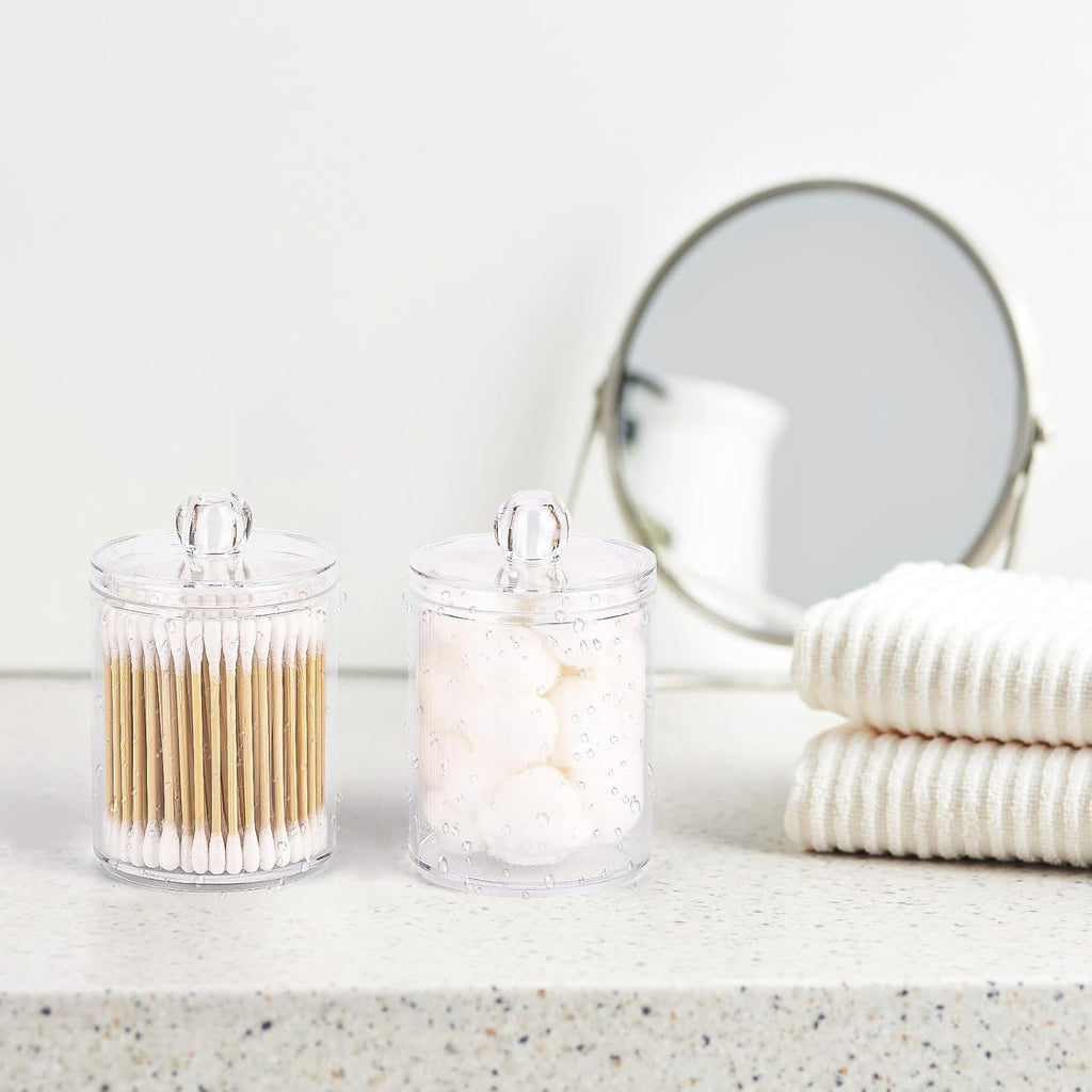 Tbestmax Qtip Holder Set - 4 Clear Plastic Apothecary Jars for Bathroom Organization | Cotton Swabs & More