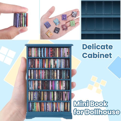 DIYDEC Mini Bookshelf - 180pcs Miniature Blue Books | Perfect Tiny Library Decor for Book Lovers