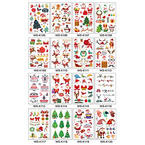 Christmas Temporary Tattoos - 16 Sheets Festive Fake Tattoo Stickers