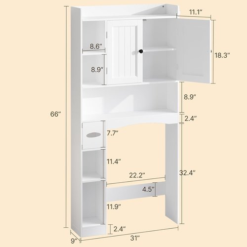 Gizoon Over The Toilet Storage Cabinet - 66'' Tall Bathroom Organizer with 2 Doors & Adjustable Shelf - White