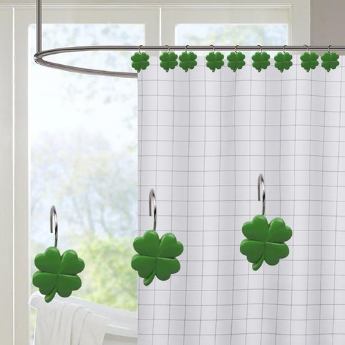 12 PCS Shamrock Shower Curtain Hooks Shower Decor, Rustproof Bathroom Decorative Shower Hooks, Green Shower Curtain Hooks Botanical Shower Curtain Rings for Bedroom Living Room Bathroom