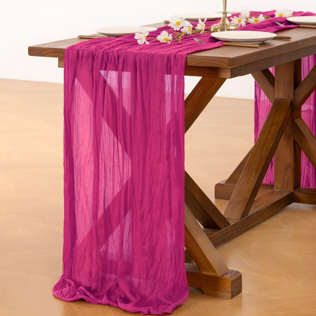 Socomi Cheesecloth Table Runner - Hot Pink Fuchsia Boho Rustic Design | 120 Inch for Weddings & Events
