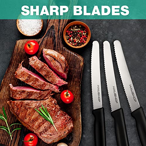HAUSHOF Serrated Steak Knife Set - 6 Piece Stainless Steel, Black Handle