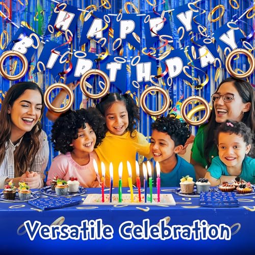 Blue Gold Birthday Banner with 8 Swirl Decorations | Cartoon Theme
