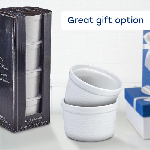 Maison Neuve 4pc Oven Safe Ramekin Set, 8 oz, White Embossed with Textured Design, Small Bowls, Ceramic Baking Dishes, Ideal for Soufflés, Dips, Sauces, and Desserts, Rainbow style Design