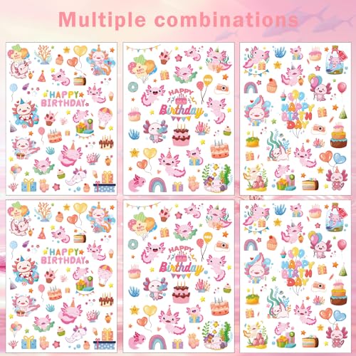 Pink Axolotl Temporary Tattoos - 6 Sheets 240+ Cute Party Favors