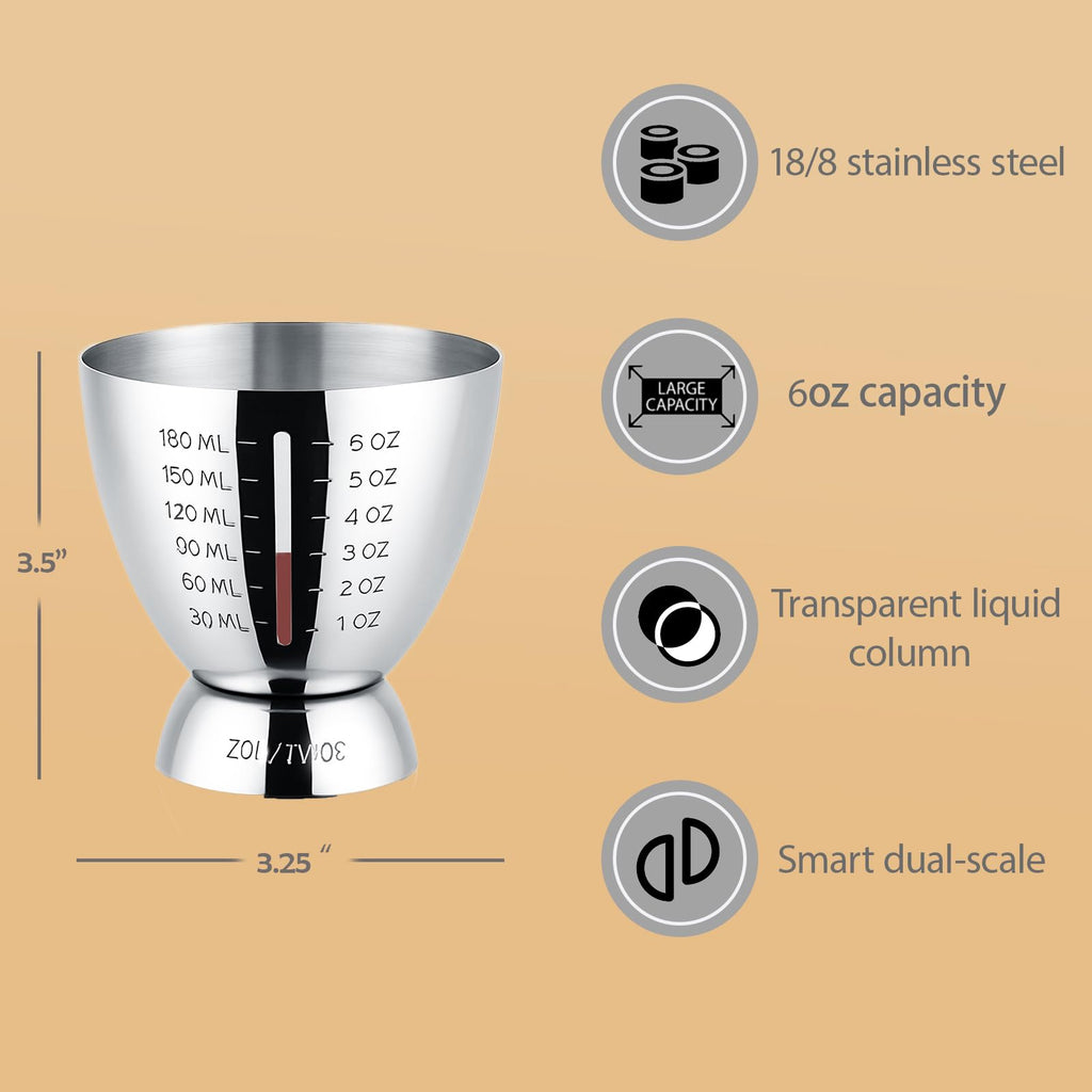Cocktail Measuring Jigger for Bartending with Graduated Markings 1 oz to 6oz Heavy Duty 18/8 Multi-Unit Measure Stainless Steel Shot Measure Cup