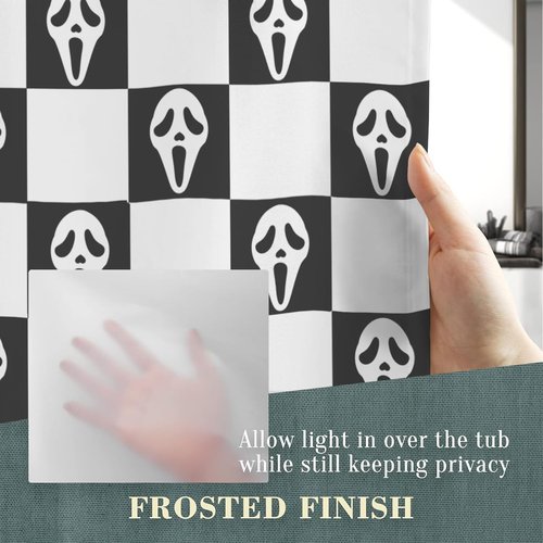 Horror Face Bathroom Set, 4-Piece with Shower Curtain 71x71, Bath Mat, Contour Rug, Toilet Lid Cover, Black and White Checkerboard Pattern