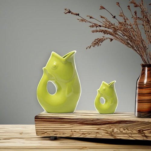 Gurgle Pot Fish Pitcher, Set of 2, Kiwi Green, French Inspired Design, Large Pitcher 42 oz. with baby Gurgle Pot