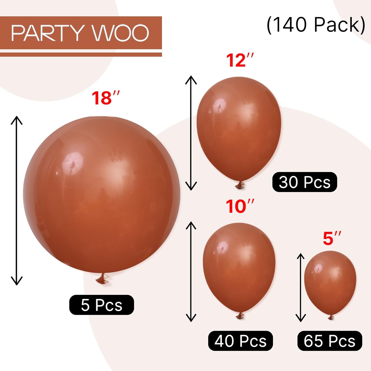 PartyWoo Dark Brown Balloons - 140-Piece Boho Neutral Balloon Arch Kit | 5-18 Inch for Birthday & Baby Shower Decor