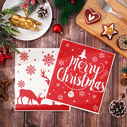 Red Christmas Swedish Dishcloths Set - Reusable Kitchen Towels with Snowflake Reindeer Tree Design