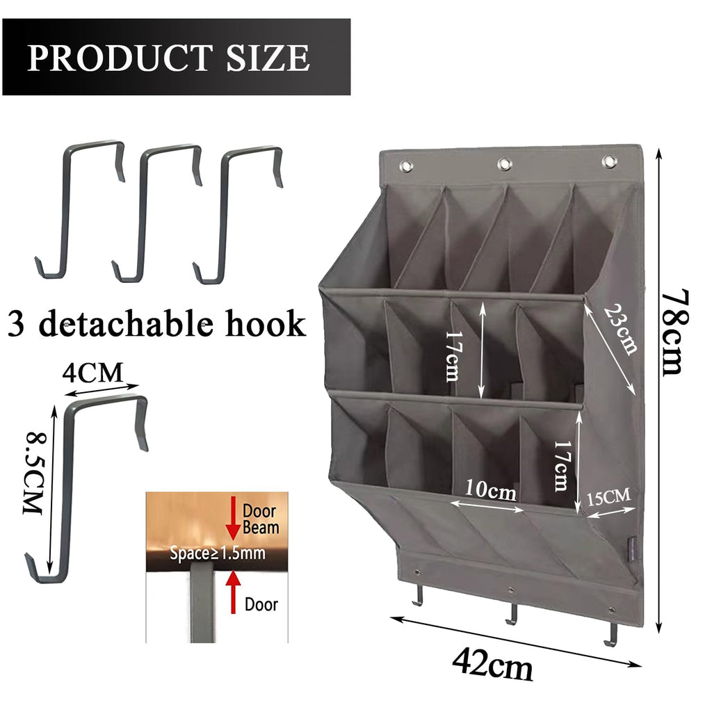 NELLHOMY Over the Door Shoe Organizer, Grey 12 Pockets Hanging Shoe Storage Rack with Large Deep Pockets, Oxford 600D Fabric Shoe Storage Rack with 6 hook for Shoes, Home Accessories etc
