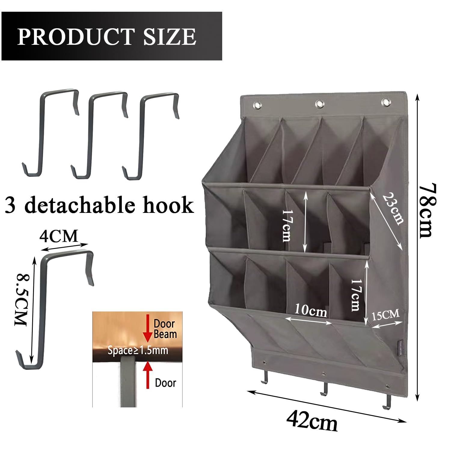 NELLHOMY Over the Door Shoe Organizer, Grey 12 Pockets Hanging Shoe Storage Rack with Large Deep Pockets, Oxford 600D Fabric Shoe Storage Rack with 6 hook for Shoes, Home Accessories etc