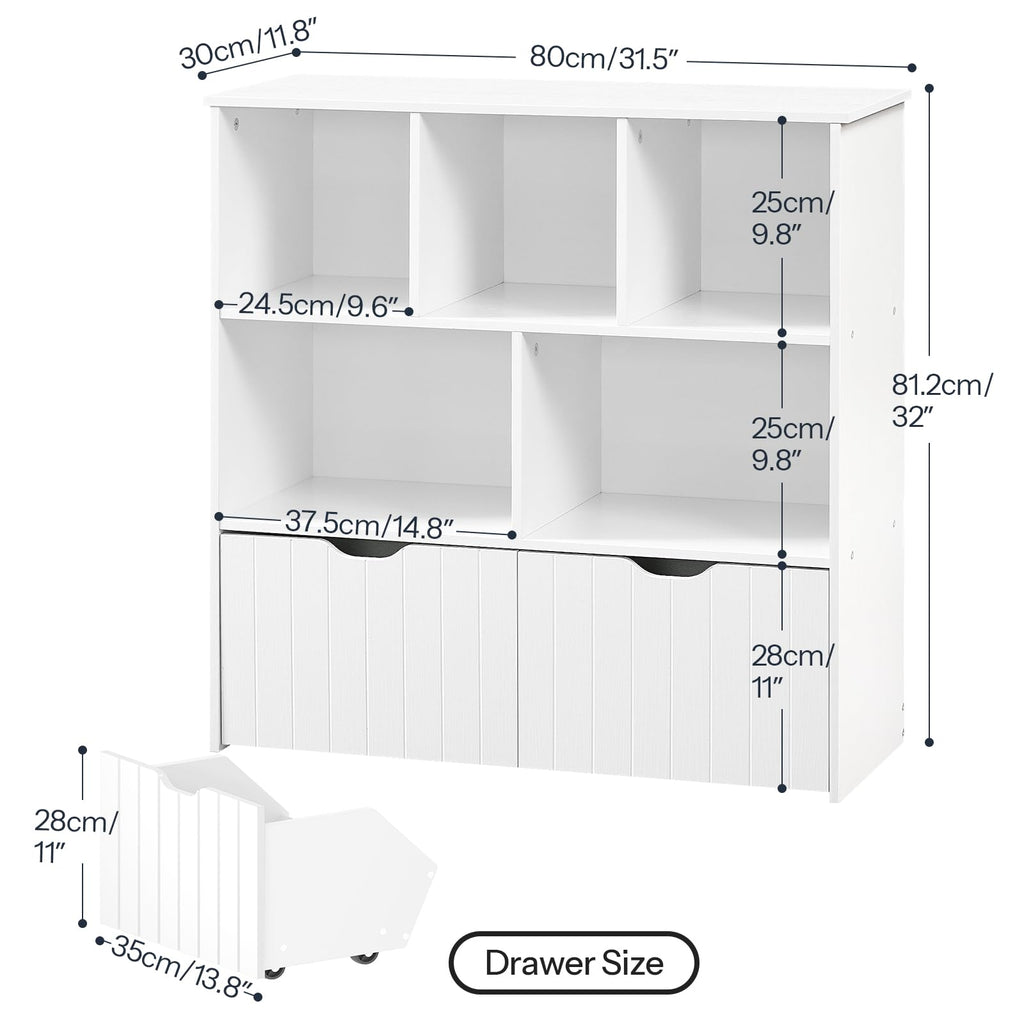 HOOBRO Toy Storage Organizer, Toy Organizers and Storage with 2 Movable Drawers and 5 Cubbies, Toy Chest Shelf for Books or Dolls, Kids Bookshelf and Toy Storage for Playroom, White WT88CW01