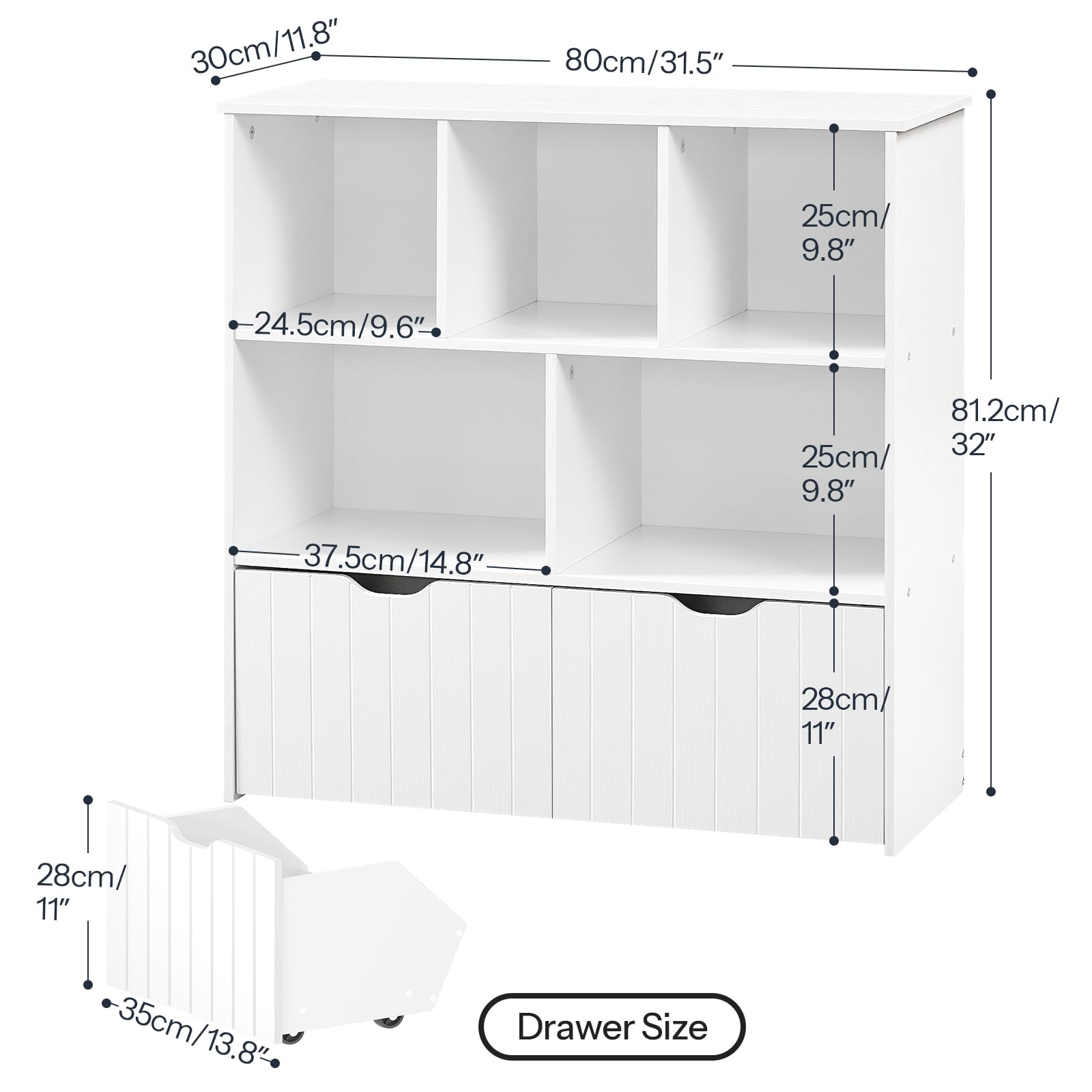 HOOBRO Toy Storage Organizer, Toy Organizers and Storage with 2 Movable Drawers and 5 Cubbies, Toy Chest Shelf for Books or Dolls, Kids Bookshelf and Toy Storage for Playroom, White WT88CW01