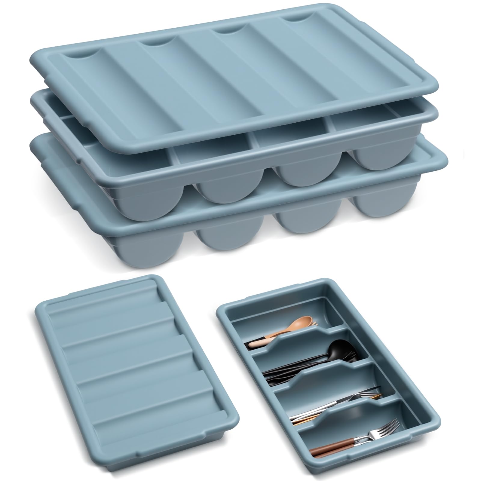 Maxdot 2 Pcs 20.5 x 11.9 x 3.7 Inch Silverware Organizer with Lid, Commercial 4-compartment Restaurant Kitchen Cutlery Tray, Plastic Silverware Storage Container, Condiments Holder (Grayish Blue)