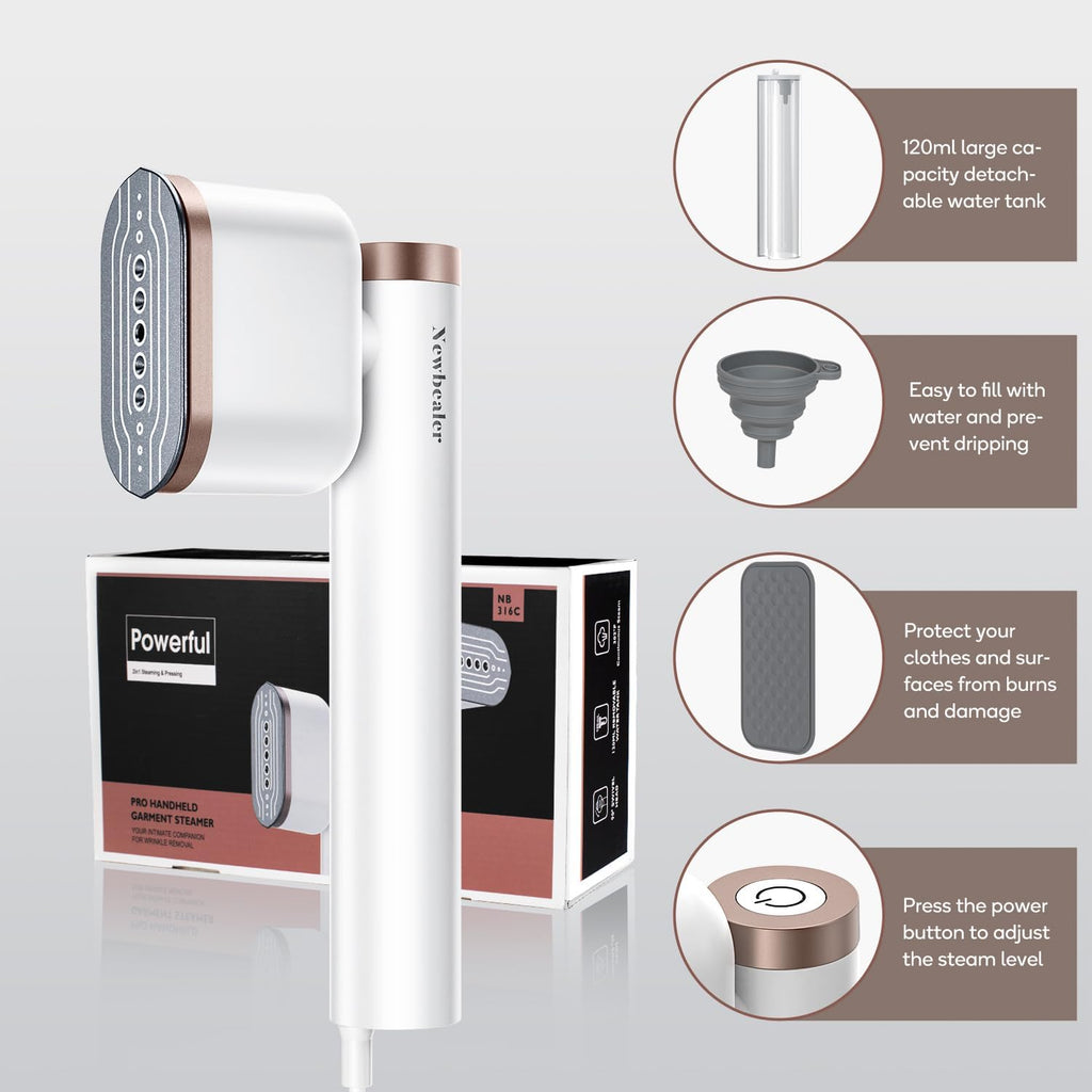 Newbealer Portable Clothes Steamer - 1200W Fast Heat-Up, 2 Steam Levels, Vertical & Horizontal Use, 302°F Wrinkle Remover