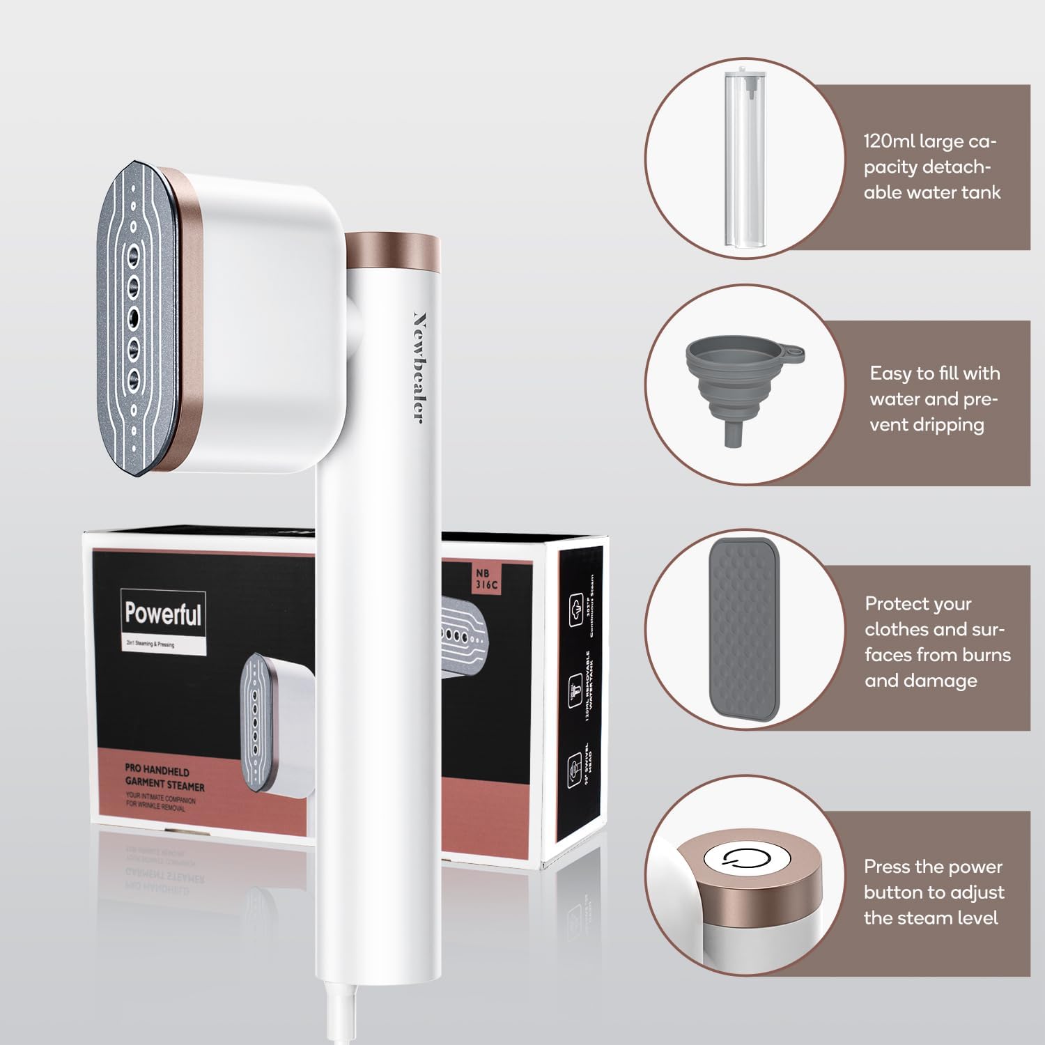 Newbealer Portable Clothes Steamer - 1200W Fast Heat-Up, 2 Steam Levels, Vertical & Horizontal Use, 302°F Wrinkle Remover