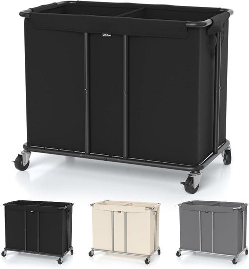 Hodonas Laundry Hamper - 2-Section 230L Rolling Clothes Basket with Silent Casters & Detachable Bags - Black