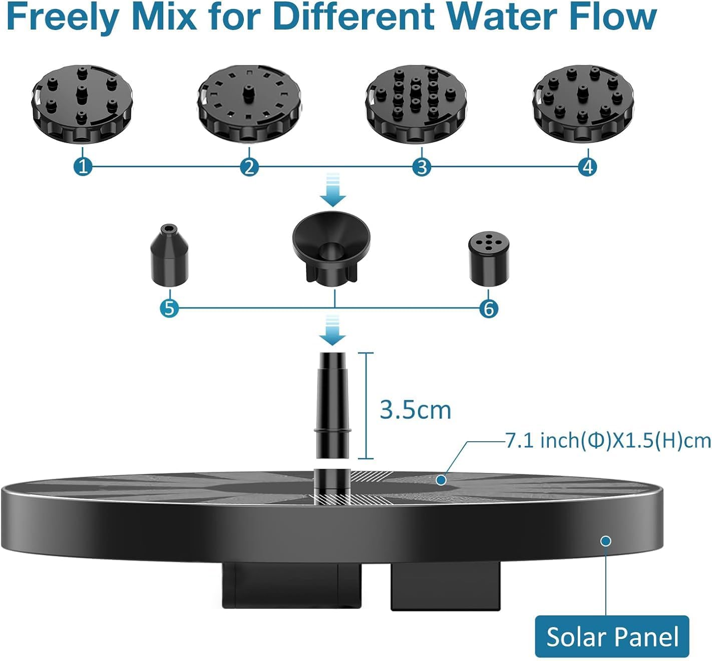 AISITIN Solar Garden Fountain - 3.5W Floating Pump with 6 Nozzles for Bird Bath & Aquarium