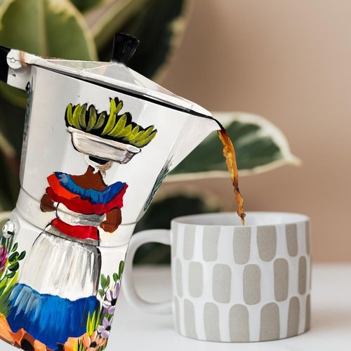 Handcrafted Dominican Aluminum Coffee Pot – 6-Cup Greca with Beach, Countryside, Cayenas, and Iconic Dominican Designs (Country woman)