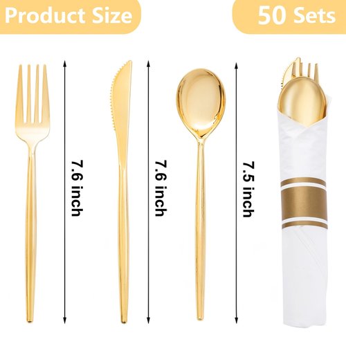 SUT 50 Pack Pre Rolled Silverware Set Disposable, 200pcs Gold Plastic Utensils Include 50 Forks, 50 Knives, 50 Spoons and 50 Napkins, Wrapped Plastic Cutlery Set With Napkin for Wedding