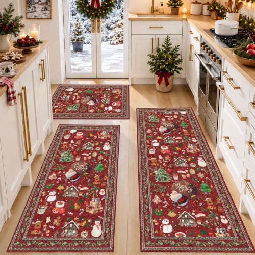 Christmas Kitchen Rugs Set of 3 Non-Slip Washable Holiday Runners - Red