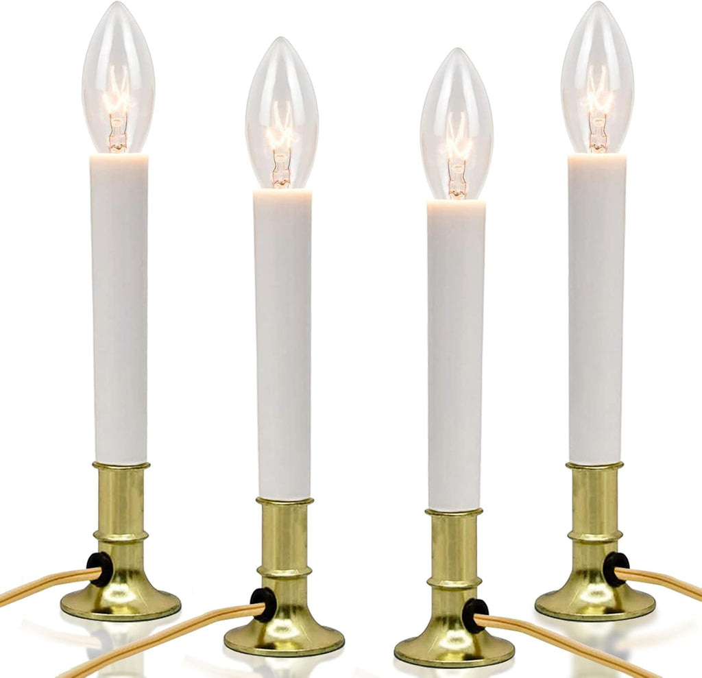 Skiennix Electric Christmas Window Candle Lamp - Flameless Taper Candles with Golden Base | 4 Pack