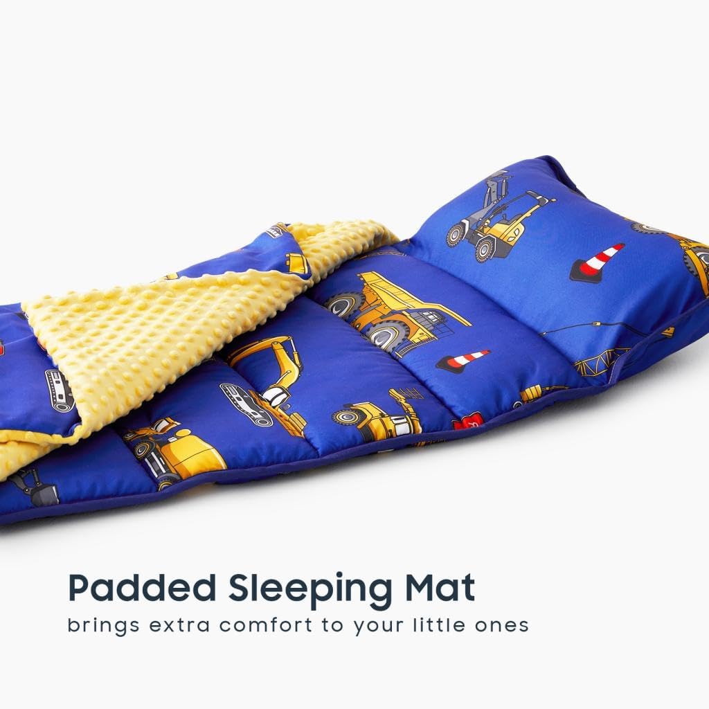 Wake In Cloud - Toddler Nap Mat with Pillow and Minky Fleece Blanket, for Kids Boys Girls in Daycare Preschool Kindergarten, Roll Up Sleeping Bag, Car Excavator Blue, Standard Size