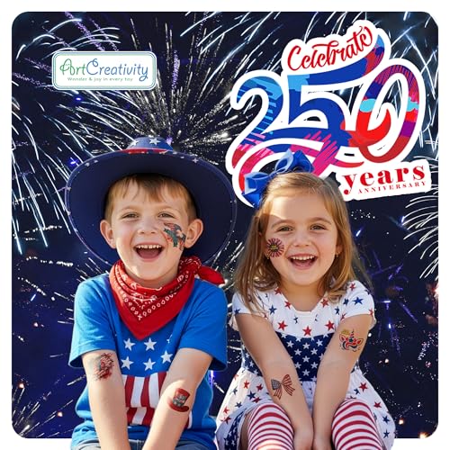ArtCreativity 250th Anniversary Patriotic Temporary Tattoos for Kids, 144 Pack