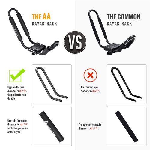 AA-Racks 2 Pair J-Bar Rack for Kayak Carrier Canoe Boat Paddle Board Surfboard Roof Top Mount on Car SUV Truck Crossbar with 16 Ft Ratchet Lashing Straps