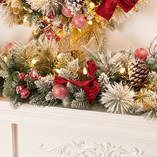 9ft Battery Operated Pre-lit Flocked Christmas Garland with Red Balls & Berries