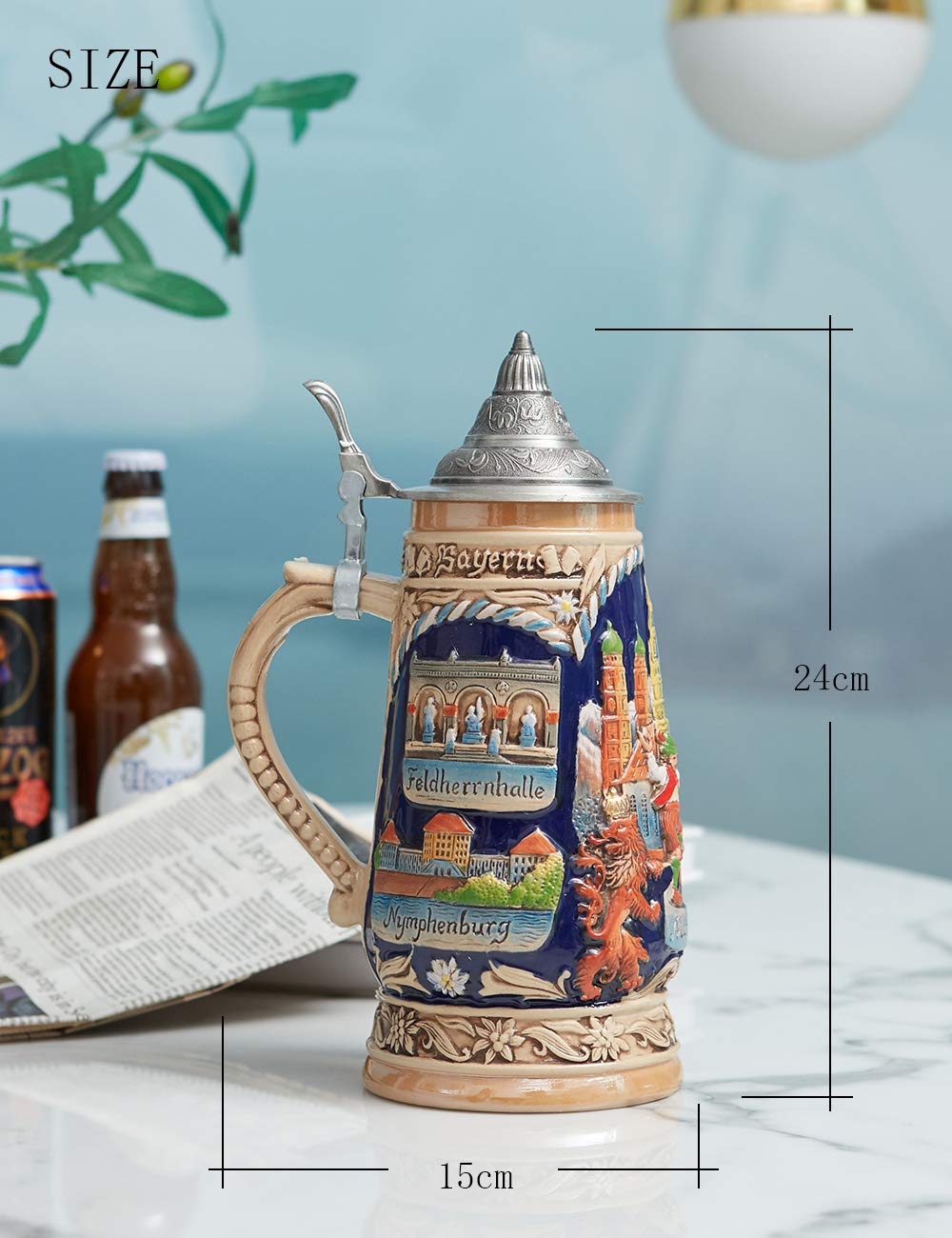 HAUCOZE Beer Stein Mug German Munich Bavarian Drinking Viking Tankard with Pewter Lid Birthday Gifts for Men Father Husband 1.0 Liter