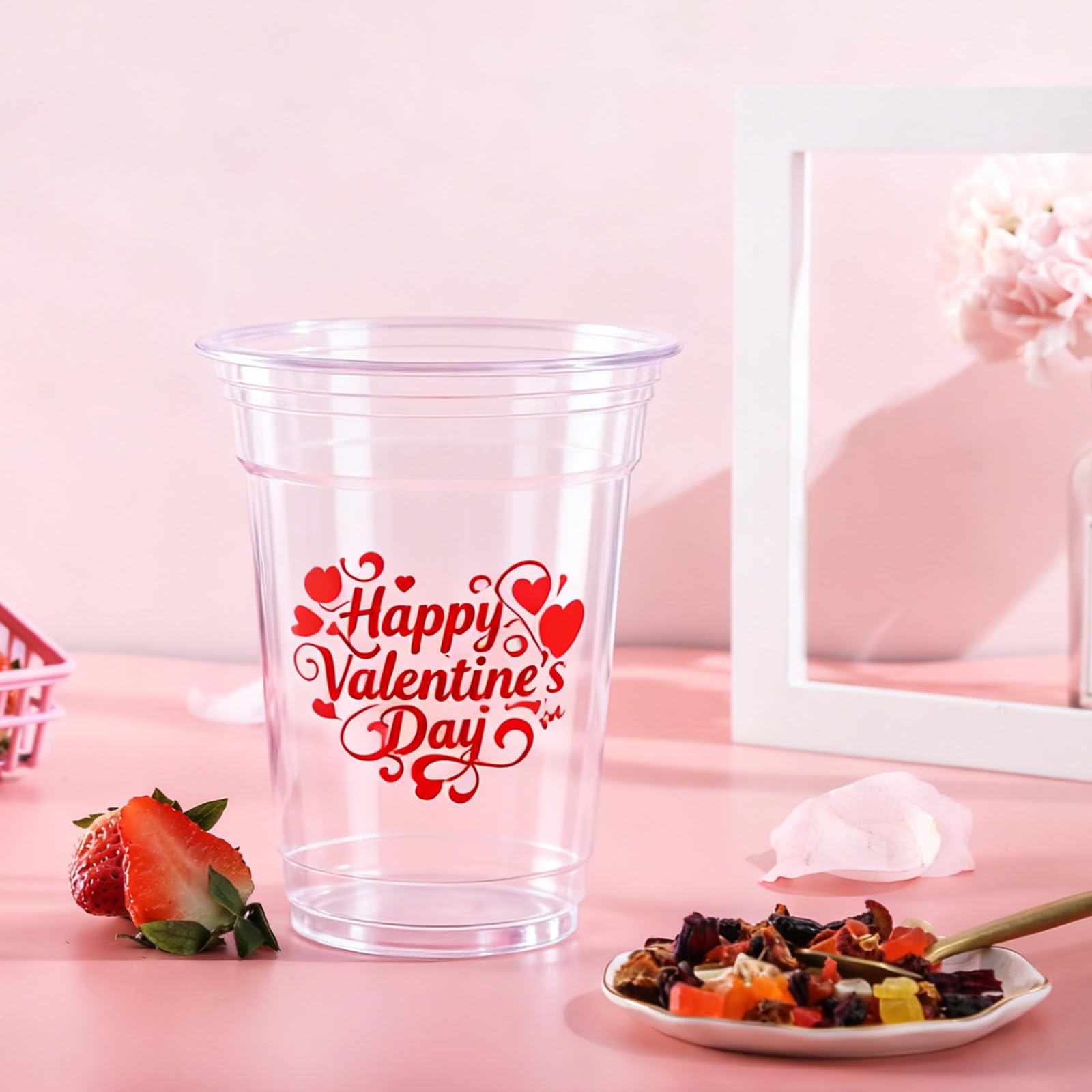 Gistome 50 Pcs 12 oz Valentine’s Day Plastic Cups, “Happy Valentine’s Day” and Heart Pattern Printed Disposable Cups, Red Love Design Cups for Beverages, Parties, Weddings, and Romantic Celebrations