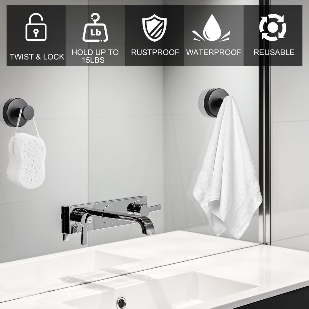 Suction Cup Hooks for Bathroom Kitchen, 2 Pack Stainless Steel Suction Hooks for Shower No Drilling Damage Free Towel Hook Holders Reusable Removable for Hanging Towels, Loofah, Robe, Coat(Black)