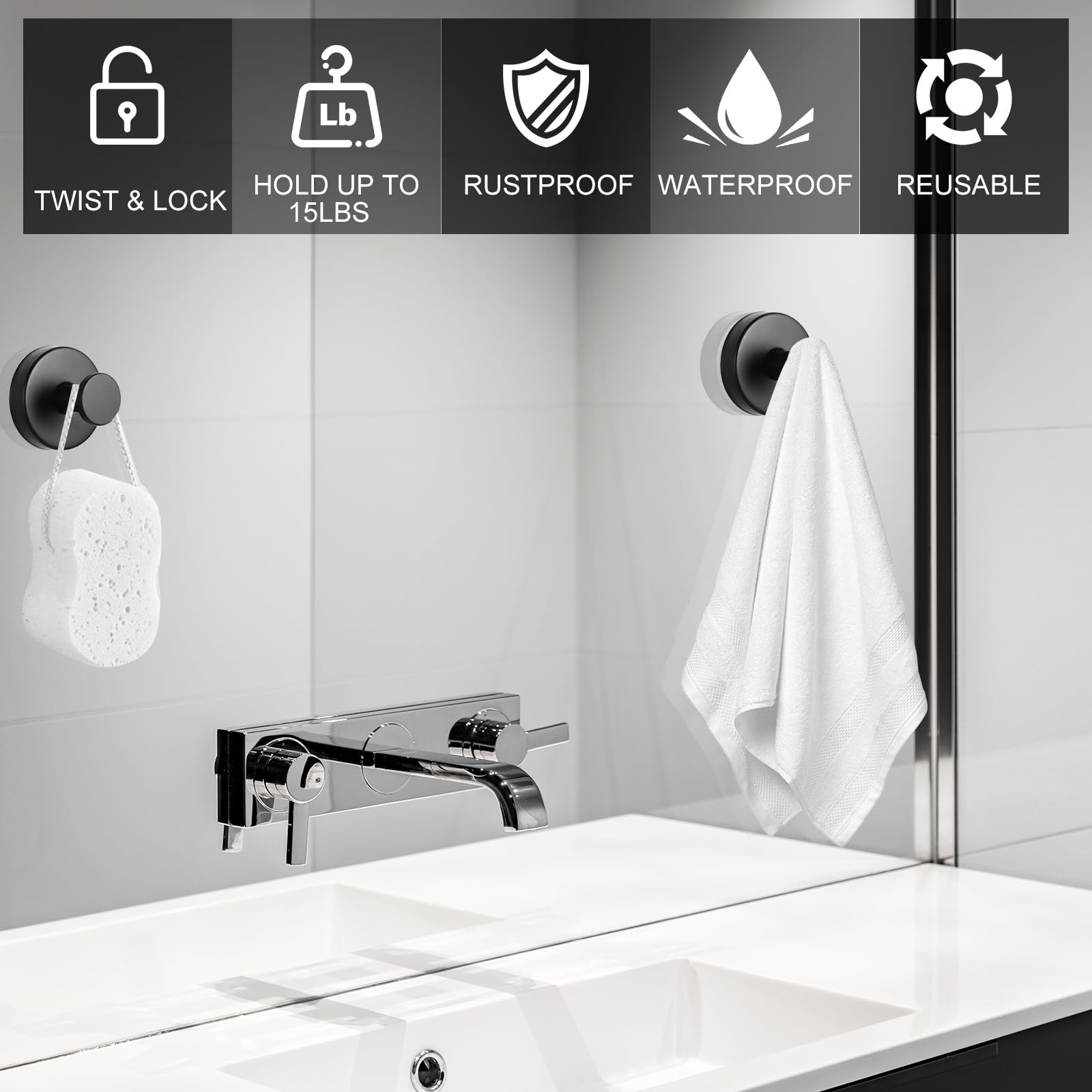Suction Cup Hooks for Bathroom Kitchen, 2 Pack Stainless Steel Suction Hooks for Shower No Drilling Damage Free Towel Hook Holders Reusable Removable for Hanging Towels, Loofah, Robe, Coat(Black)