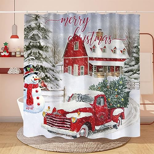 Grey Farmhouse Christmas Shower Curtain Set - 72x84 Inch Winter Farm Truck Tree Snowman Bathroom Decor with Hooks