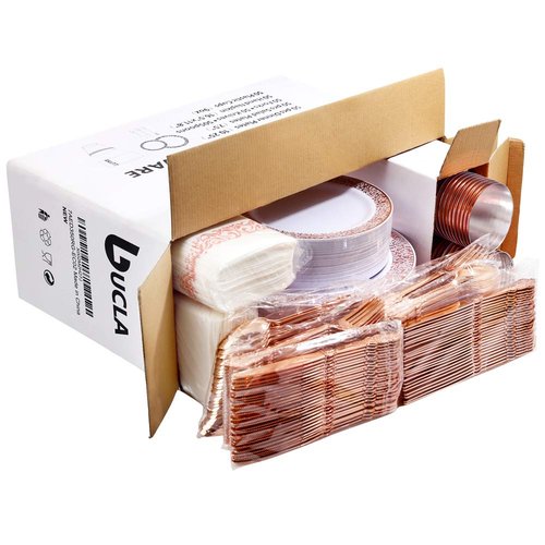 bUCLA 350PCS Rose Gold Plastic Plates With Disposable Silverware & Napkins - Rose Gold Rim Plastic Dinnerware Set Lace Design for Wedding, Party & Mother’s Day