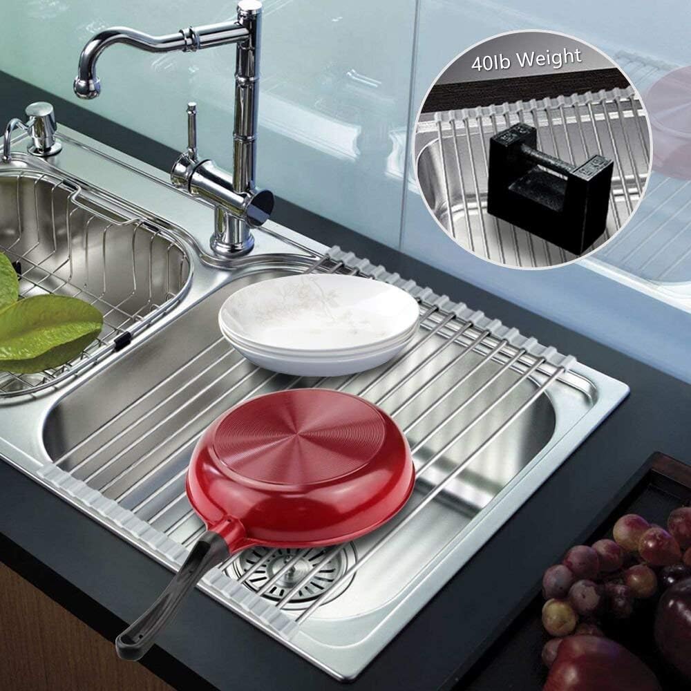 Skiennix Roll-Up Dish Drying Rack - 304 Stainless Steel, Foldable & Space-Saving | 17" x 13.5" - Black