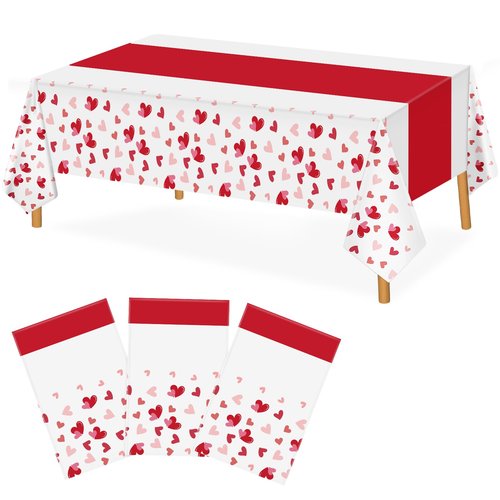 Hxezoc 3 Pack Valentines Day Tablecloths, 54 x 108 Inch Disposable Heart Plastic Table Cover for Girls Kids Valentines Birthday Baby Shower Party Decorations Outdoor Indoor Party Supplies