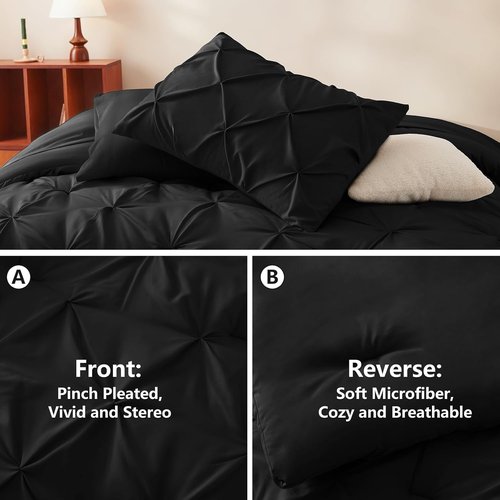 CozyLux Queen Comforter Set - 7-Piece Pintuck Bedding in Premium Black | Includes Comforter, Sheets & Pillowcases