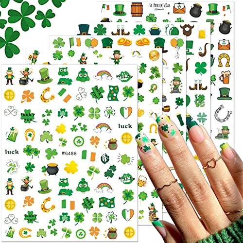 St. Patrick's Day Nail Stickers 3D Shamrock Green Clover Decals, 5 Sheets