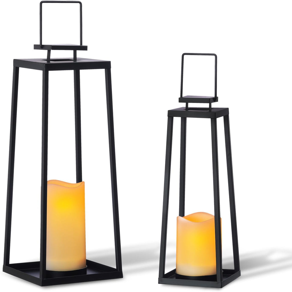Skiennix Solar Lantern Set of 2 - Modern Black Metal Lanterns with Solar Candles for Outdoor Decor (18’’ & 15’’)