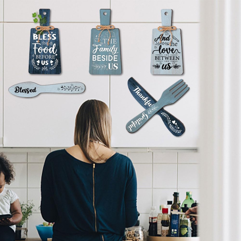 PH PandaHall 6pcs Kitchen Wall Decor Bless Food Sign Set Wall Table Accessories Wooden Pendant Decorations Mini Plaque Fork Spoon Shape Sign Rustic Style Home Dector Blue, 11x5.5 inch/11.8x2 inch