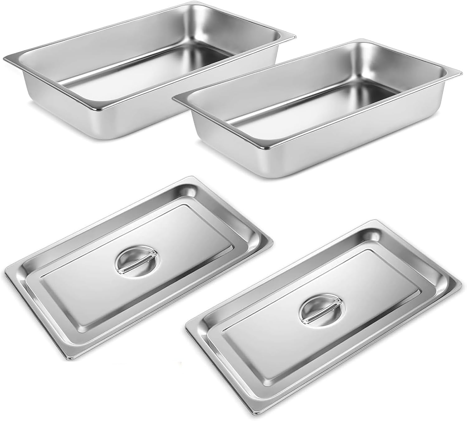 VOISEN Hotel Pans - 2 Pack Full Size 1/1 Steam Table Pans with Lids | 4" Deep, 1.2mm Thick for Catering