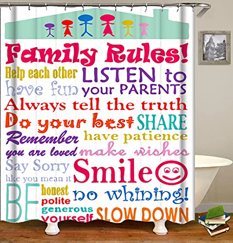Family Rules Educational Shower Curtain for Kids - 72x72 Inch Waterproof Polyester