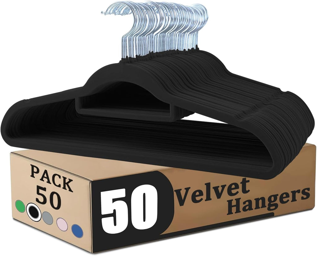 Skiennix Velvet Hangers - Premium Non-Slip Closet Organization | 50 Pack, Durable Black Felt for Coats & Shirts